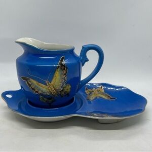Vintage Cherry China KI -Cobalt Butterflies Japanese Luncheon Plate & Creamer